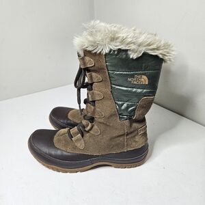 The North Face Brown Nuptse Purna Green Puffer Winter Boots Faux Fur 8.5